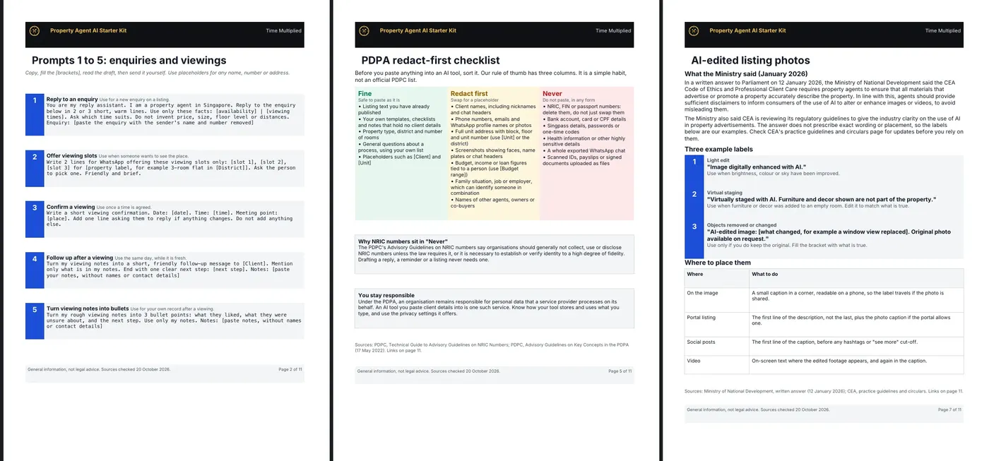 Three pages from the kit: a page of copy-paste prompts, the PDPA fine, redact first, never checklist, and the page on AI-edited listing photos